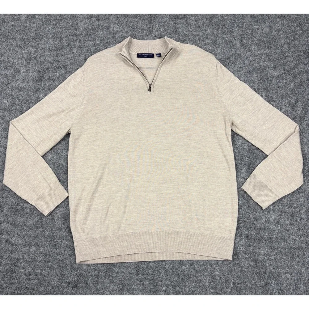 Charles Tyrwhitt Mens L Qtr Zip Sweater Mock Neck Knit 100% Merino Wool Beige